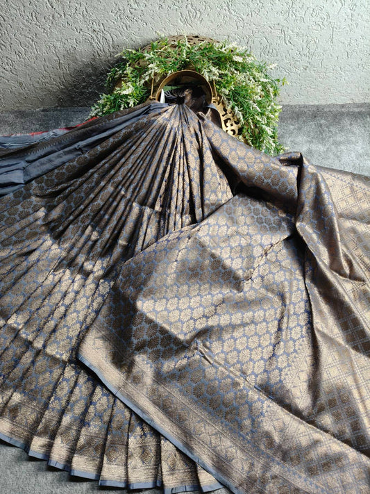 GREY SILK PURE HANDLOOM BANARASI SAREE