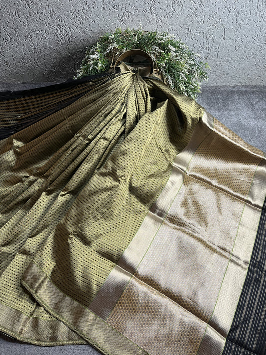 GREEN BLACK DO RUKHI SILK PURE HANDLOOM BANARASI SAREE