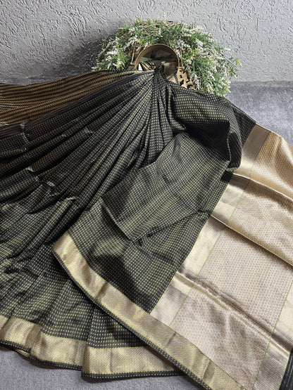 GREEN BLACK DO RUKHI SILK PURE HANDLOOM BANARASI SAREE