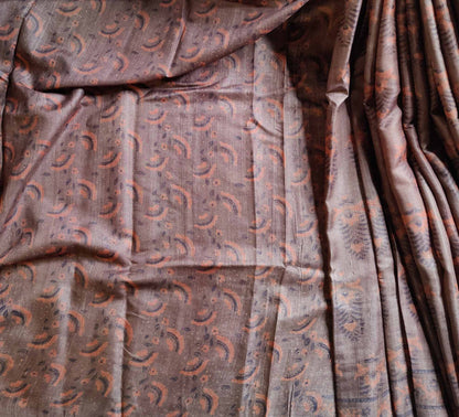 DARK CARAMEL TUSSAR SILK PURE HANDLOOM ORGANIC DYE HANDBLOCK PRINT SAREE