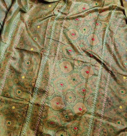 MEHNDI GREEN TUSSAR SILK PURE HANDLOOM ORGANIC DYE HANDBLOCK PRINT SAREE