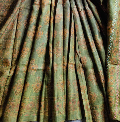 MEHNDI GREEN TUSSAR SILK PURE HANDLOOM ORGANIC DYE HANDBLOCK PRINT SAREE