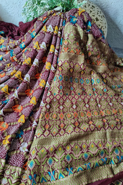 MAROON GEORGETTE PURE HANDLOOM BANDHEJ SAREE