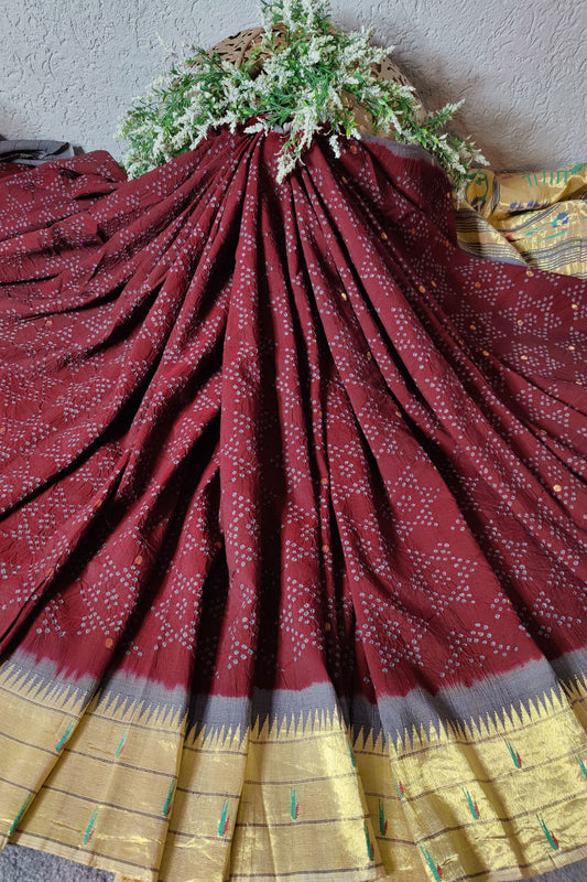 MAROON COTTON PURE HANDLOOM BANDHEJ SAREE