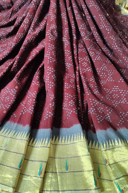 MAROON COTTON PURE HANDLOOM BANDHEJ SAREE