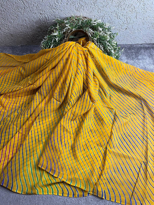 TURMERIC YELLOW CHIFFON PURE HANDLOOM LEHERIYA SAREE