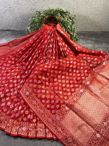 RED COTTON PURE HANDLOOM BANARASI SAREE