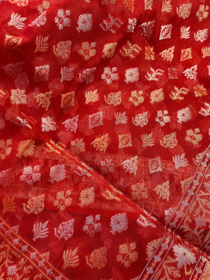 RED COTTON PURE HANDLOOM BANARASI SAREE