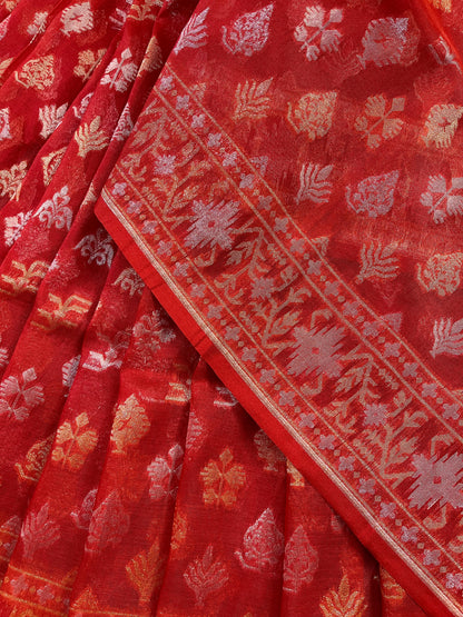 RED COTTON PURE HANDLOOM BANARASI SAREE