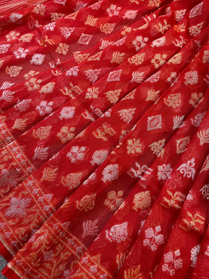 RED COTTON PURE HANDLOOM BANARASI SAREE