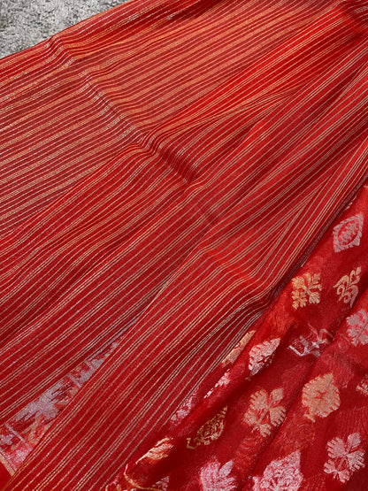 RED COTTON PURE HANDLOOM BANARASI SAREE