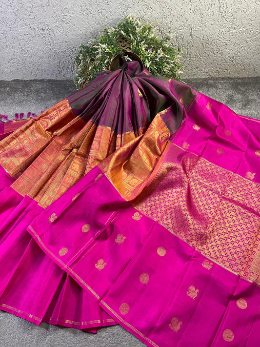 TWO TONE GREEN MUSTARD AND PINK SILK PURE HANDLOOM KANJIVARAM MUBBAGAM SAREE