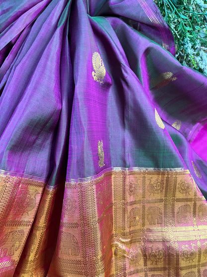 TWO TONE GREEN MUSTARD AND PINK SILK PURE HANDLOOM KANJIVARAM MUBBAGAM SAREE