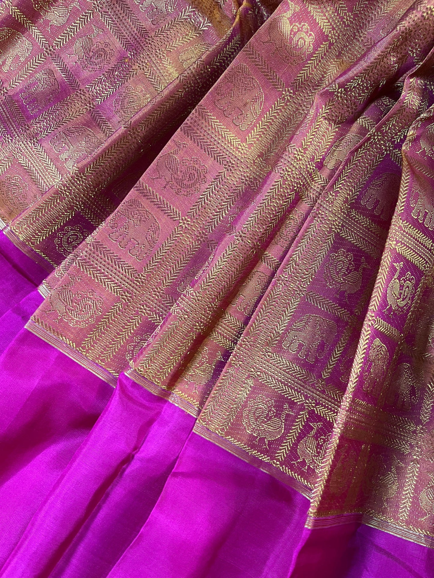 TWO TONE GREEN MUSTARD AND PINK SILK PURE HANDLOOM KANJIVARAM MUBBAGAM SAREE