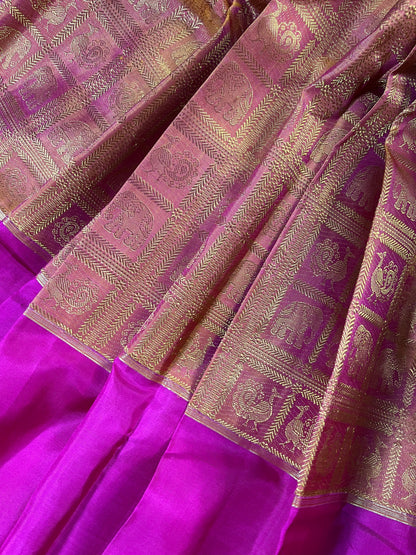 TWO TONE GREEN MUSTARD AND PINK SILK PURE HANDLOOM KANJIVARAM MUBBAGAM SAREE