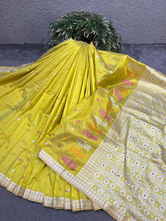 VIBRANT LIME YELLOW PURE HANDLOOM ASSAMESE SAREE