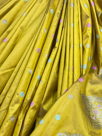 MUSTARD YELLOW PURE HANDLOOM ASSAMESE SAREE