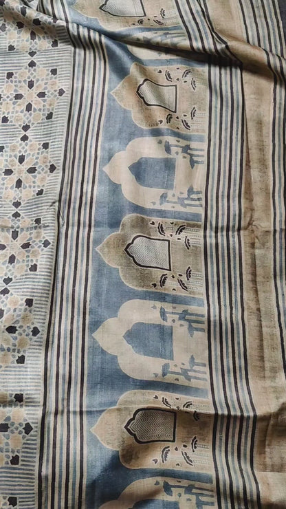LIGHT BLUE TUSSAR SILK PURE HANDLOOM ORGANIC DYE HANDBLOCK PRINT SAREE