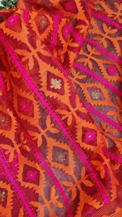 RED HALF SILK PURE HANDLOOM DHAKAI JAMDANI SAREE
