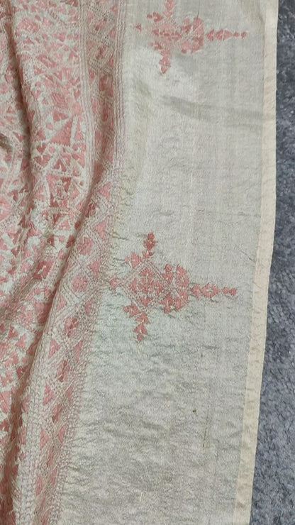 BEIGE  TUSSAR PURE HANDLOOM KANTHA DUPATTA