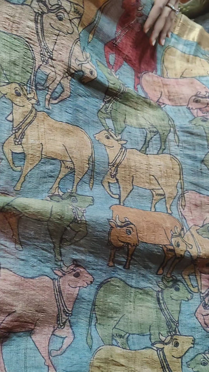 BLUE TUSSAR PURE HANDLOOM KALAMKARI DUPATTA