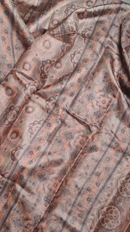 DARK CARAMEL TUSSAR SILK PURE HANDLOOM ORGANIC DYE HANDBLOCK PRINT SAREE