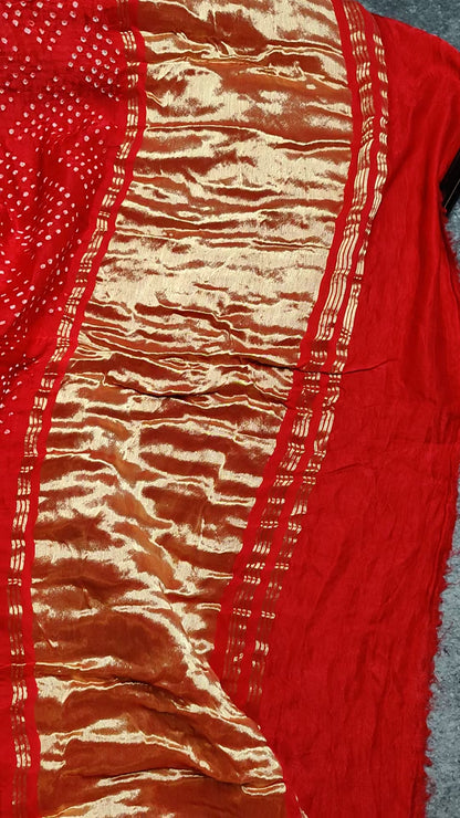 RED GAJJI SILK PURE HANDLOOM BANDHEJ SAREE