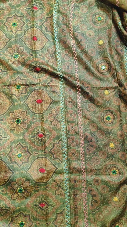 MEHNDI GREEN TUSSAR SILK PURE HANDLOOM ORGANIC DYE HANDBLOCK PRINT SAREE
