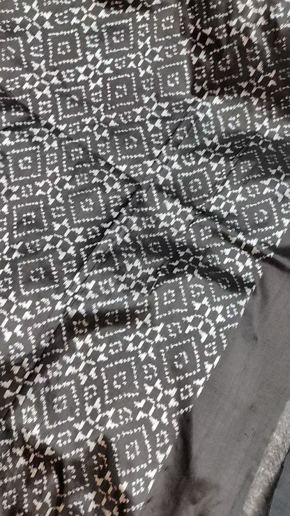 CREAM BLACK AND MEHENDI GREEN  SILK PURE HANDLOOM IKKAT SAREE