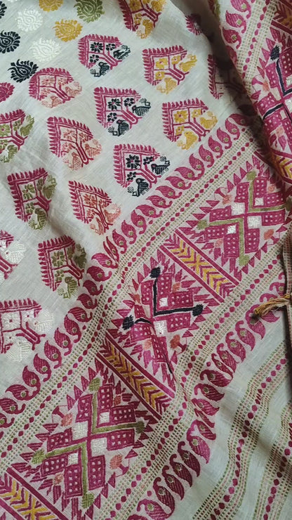 IVORY TUSSAR SILK PURE HANDLOOM ASSAMESE SAREE