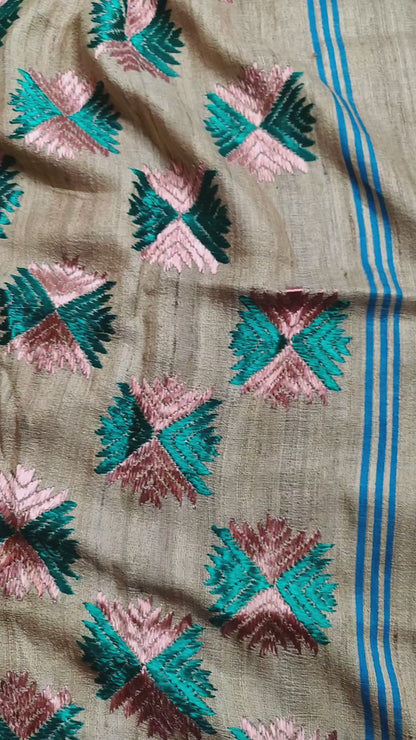 BEIGE TUSSAR SILK PURE HANDLOOM PHULKARI DUPATTA