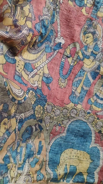 RED TUSSAR PURE HANDLOOM KALAMKARI DUPATTA