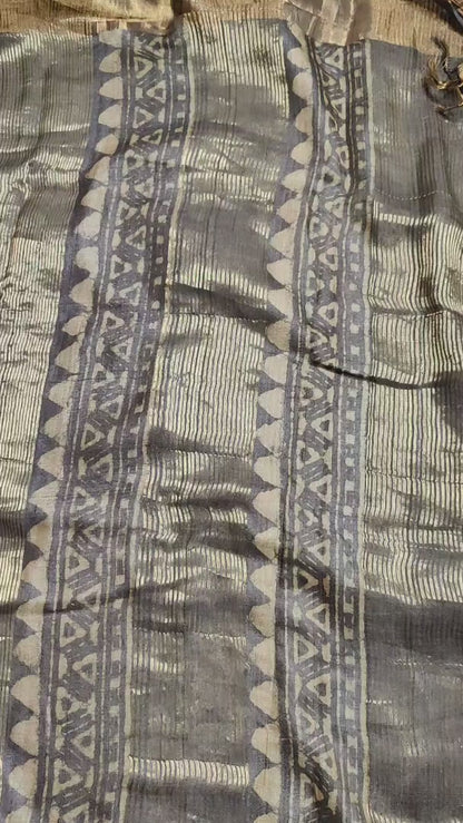 CHARCOAL GREY TUSSAR SILK PURE HANDLOOM ORGANIC DYE HANDBLOCK PRINT SAREE