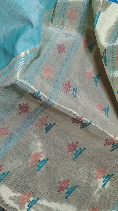 AQUA BLUE COTTON TISSUE PURE HANDLOOM PAITHANI SAREE