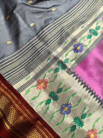 GREY SILK PURE HANDLOOM PAITHANI SAREE